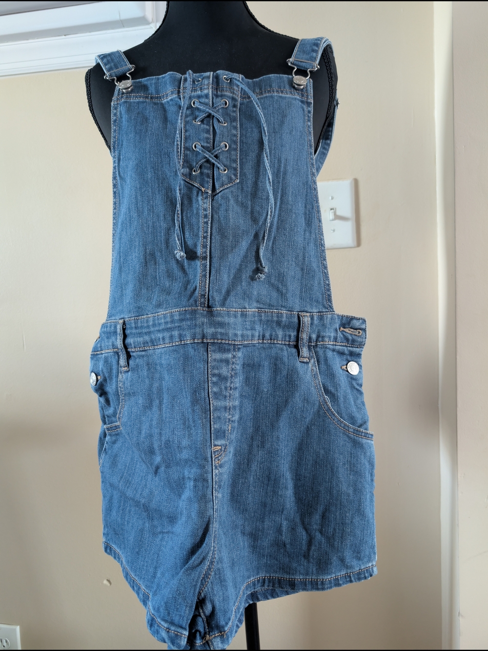 PacSun Light Blue Denim Short Overalls with Lace-Up Detail